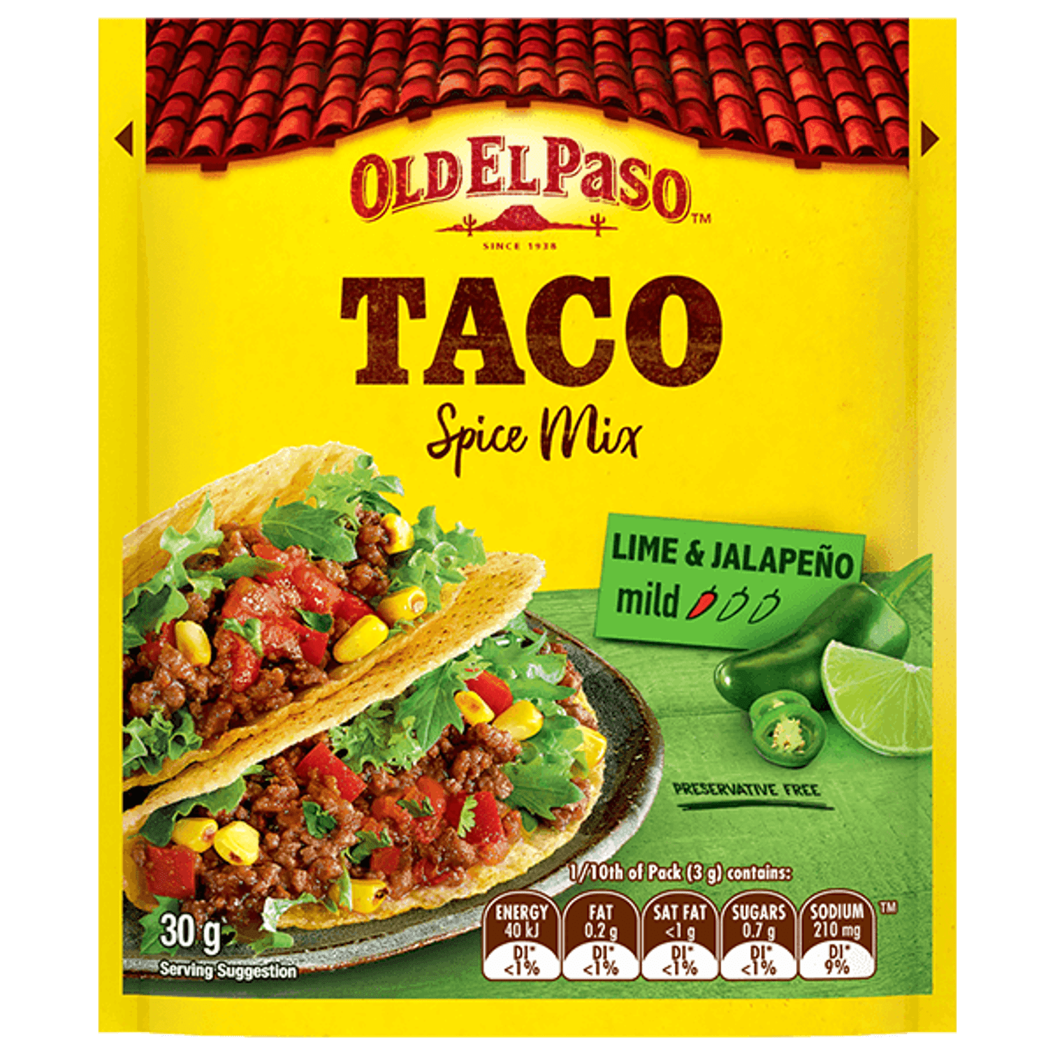 a pack of Old El Paso's lime jalapenos taco spice mix mild (30g)